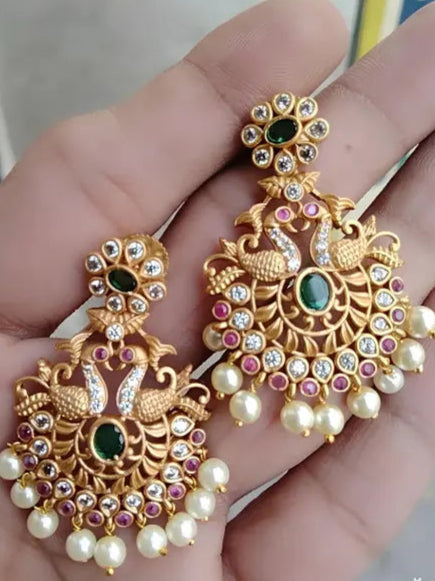 Peacock Design Antique Gold Earrings with Kundan & Pearl Detailing