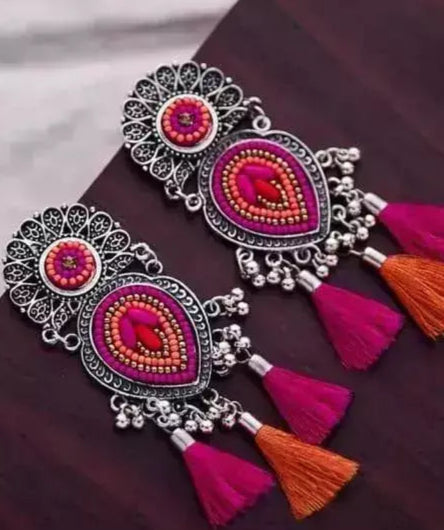 Handcrafted Boho Tassel Earrings – Pink & Orange Fusion