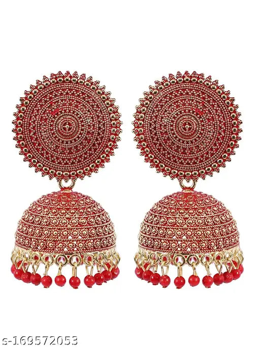 Traditional Red Kundan Jhumka Earrings