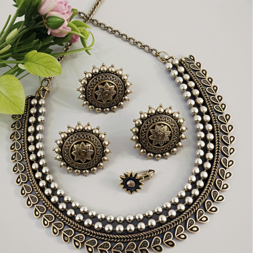 Oxidized Silver Beaded Necklace Set with Earrings and Ring