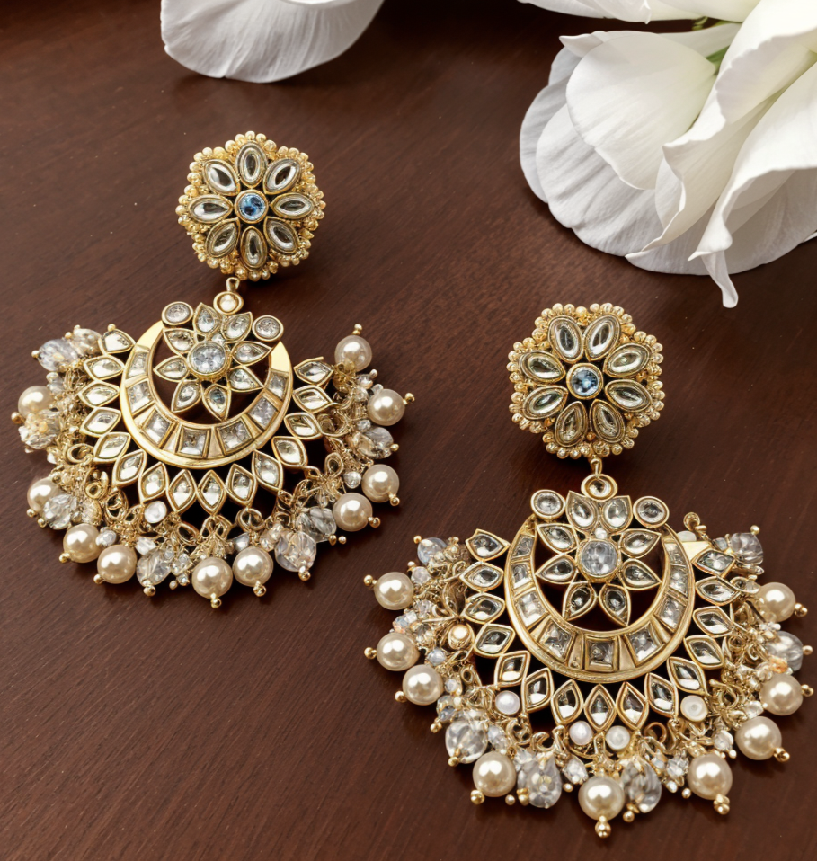 Royal Kundan Chandbali Earrings with Pearl Drops
