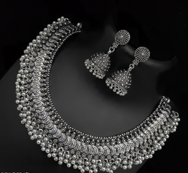 Oxidized Silver Plated Pearl-Embellished Choker Necklace Set