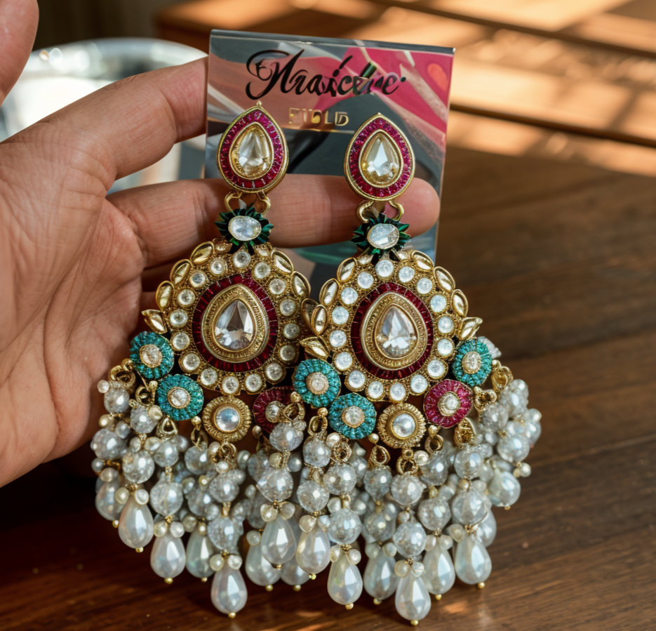 Majestic Multicolor Kundan Pearl Drop Earrings