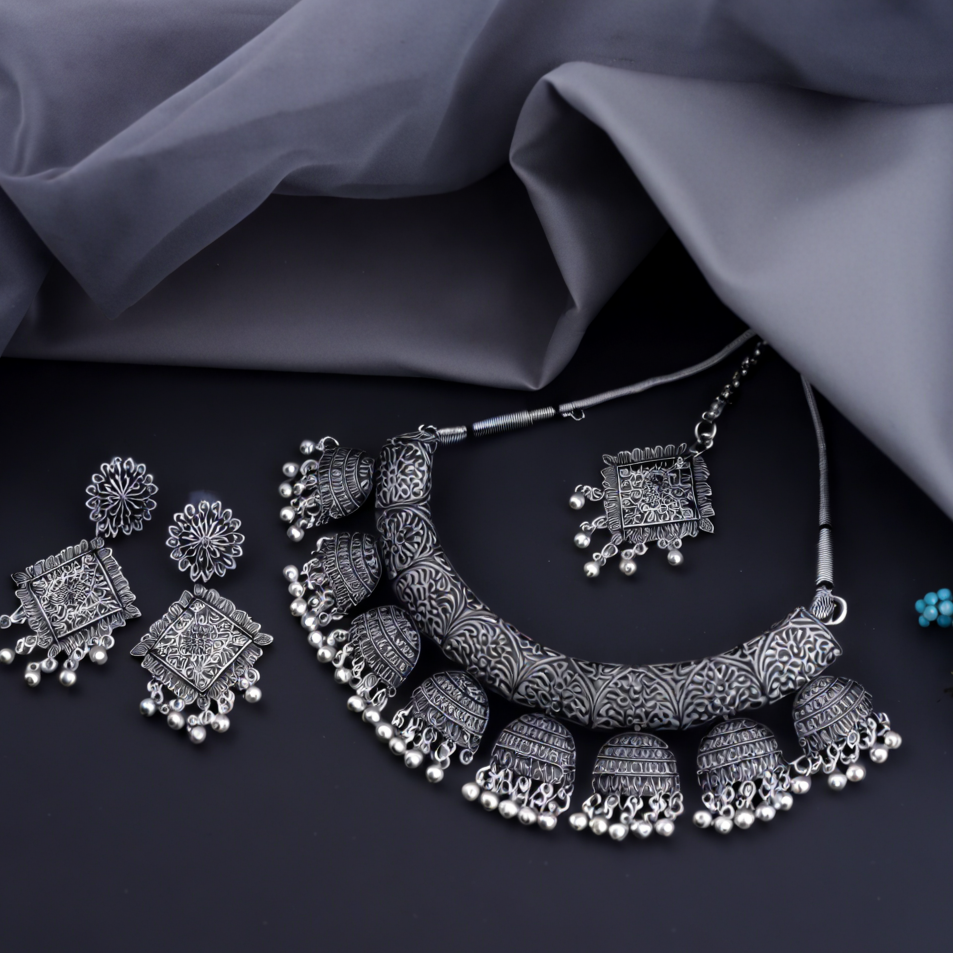Oxidized Silver Traditional Necklace & Earring Set