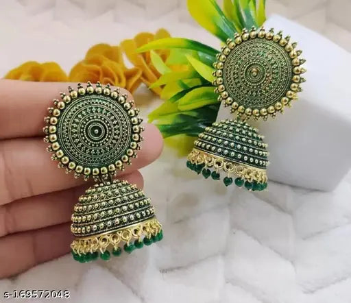 Traditional Green Kundan Jhumka Earrings