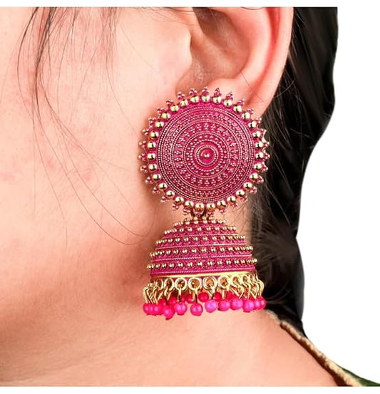 Traditional Pink Kundan Jhumka Earrings