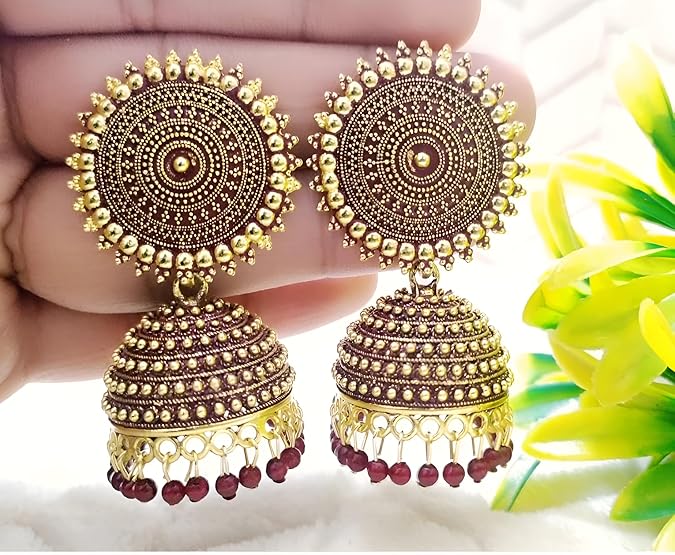 Royal Maroon Kundan Jhumka Earrings