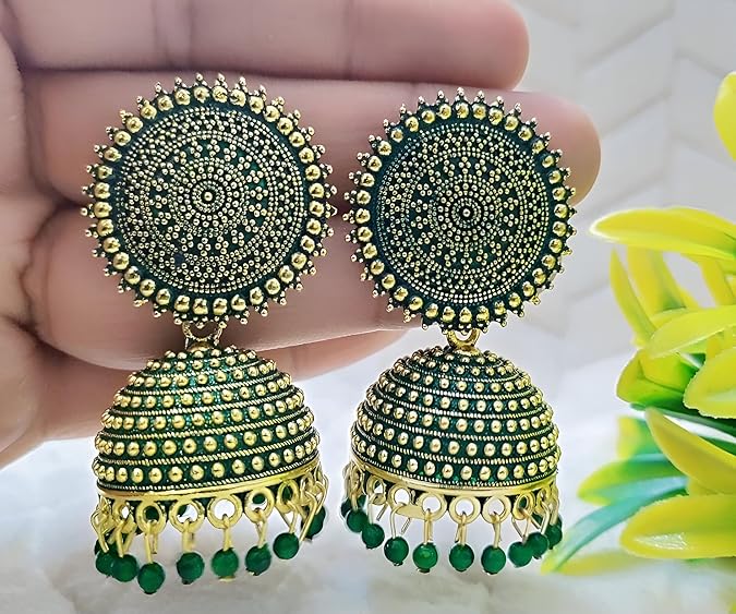 Traditional Green Kundan Jhumka Earrings