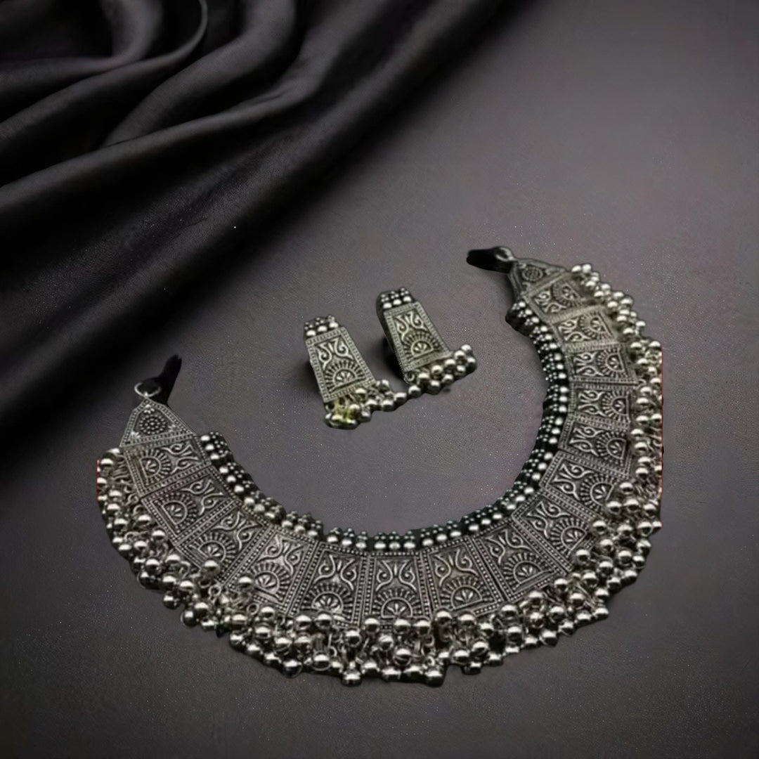 Tribal-Inspired Oxidized Silver Choker Necklace Set