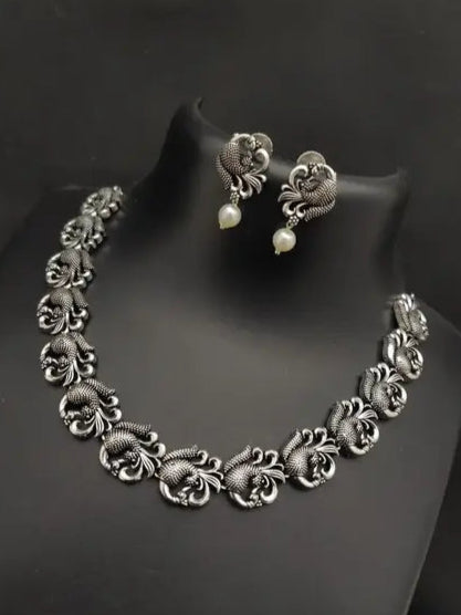 Elegant Floral Motif Oxidized Silver Necklace Set