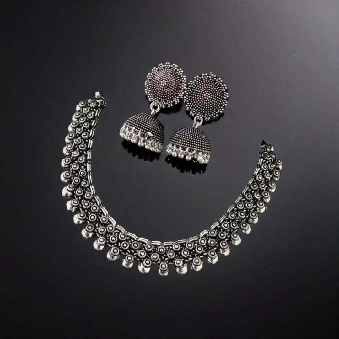 Traditional Floral Pattern Oxidized Silver Necklace Set