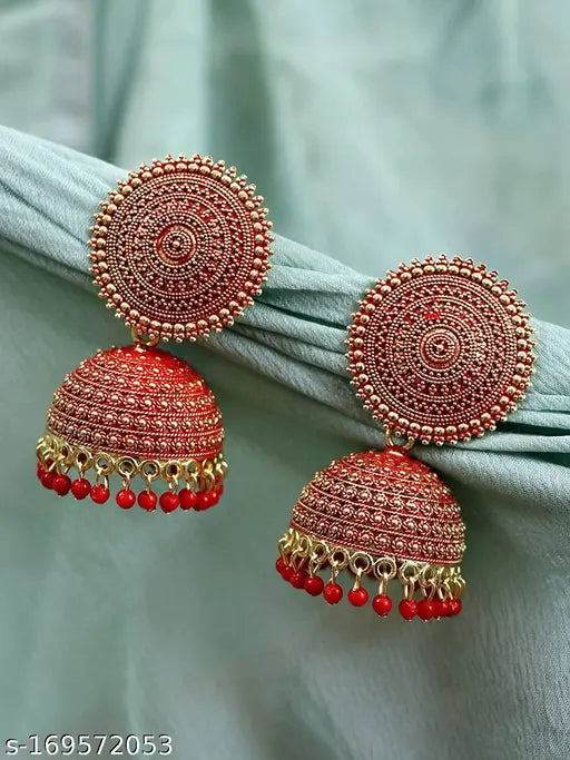 Traditional Red Kundan Jhumka Earrings